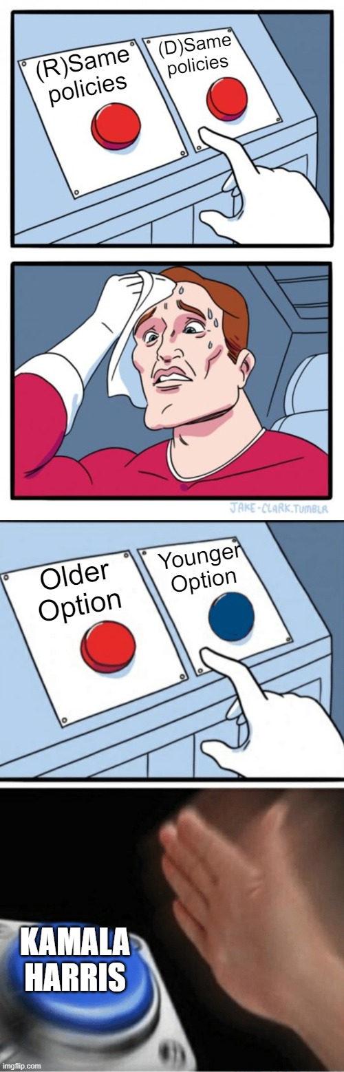 (R)Same policies (D)Same policies Older Option Younger Option KAMALA HARRIS | image tagged in memes,two buttons,button slap | made w/ Imgflip meme maker