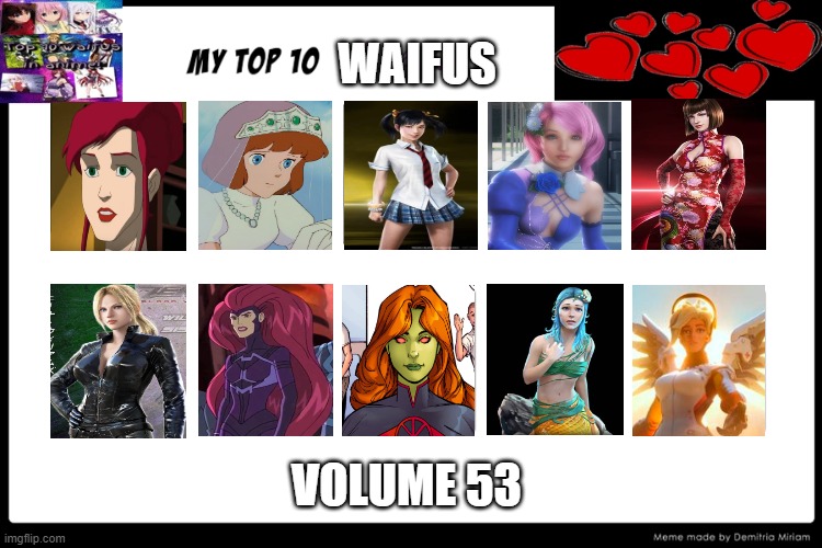 top 10 waifus volume 53 | WAIFUS; VOLUME 53 | image tagged in top 10 waifus,movies,comics/cartoons,video games,tekken,nerd | made w/ Imgflip meme maker