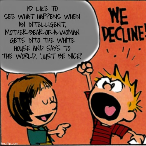 Me, too, Susie. Me, too. | I'D LIKE TO SEE WHAT HAPPENS WHEN AN INTELLIGENT, MOTHER-BEAR-OF-A-WOMAN GETS INTO THE WHITE HOUSE AND SAYS TO THE WORLD, "JUST BE NICE!" | image tagged in we refuse to accept this,dnc,msnbc,rural america,world politics | made w/ Imgflip meme maker