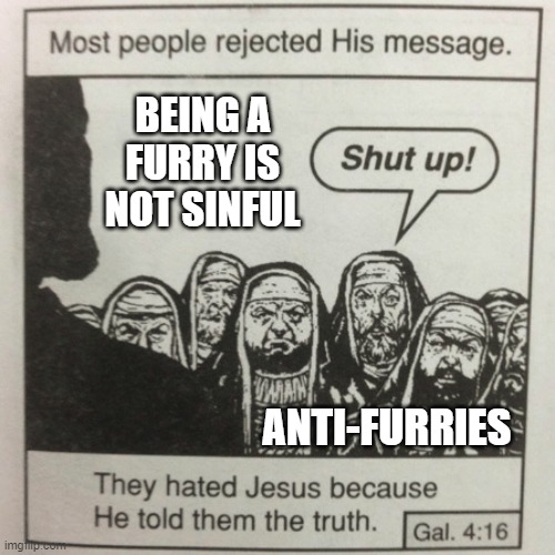 They hated jesus because he told them the truth | BEING A FURRY IS NOT SINFUL; ANTI-FURRIES | image tagged in they hated jesus because he told them the truth | made w/ Imgflip meme maker