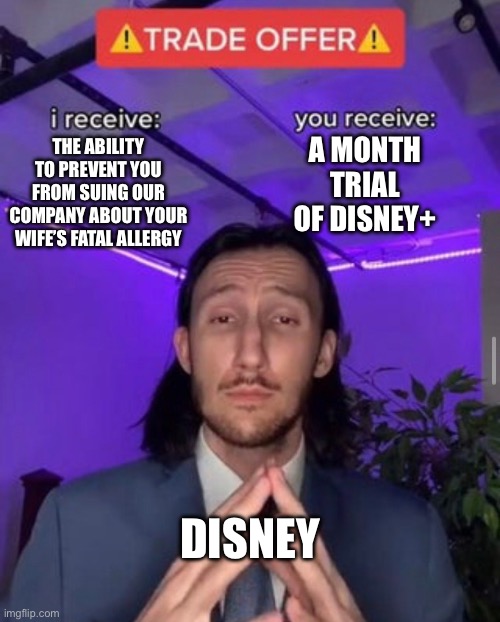 Lawsuit | A MONTH TRIAL OF DISNEY+; THE ABILITY TO PREVENT YOU FROM SUING OUR COMPANY ABOUT YOUR WIFE’S FATAL ALLERGY; DISNEY | image tagged in i receive you receive | made w/ Imgflip meme maker