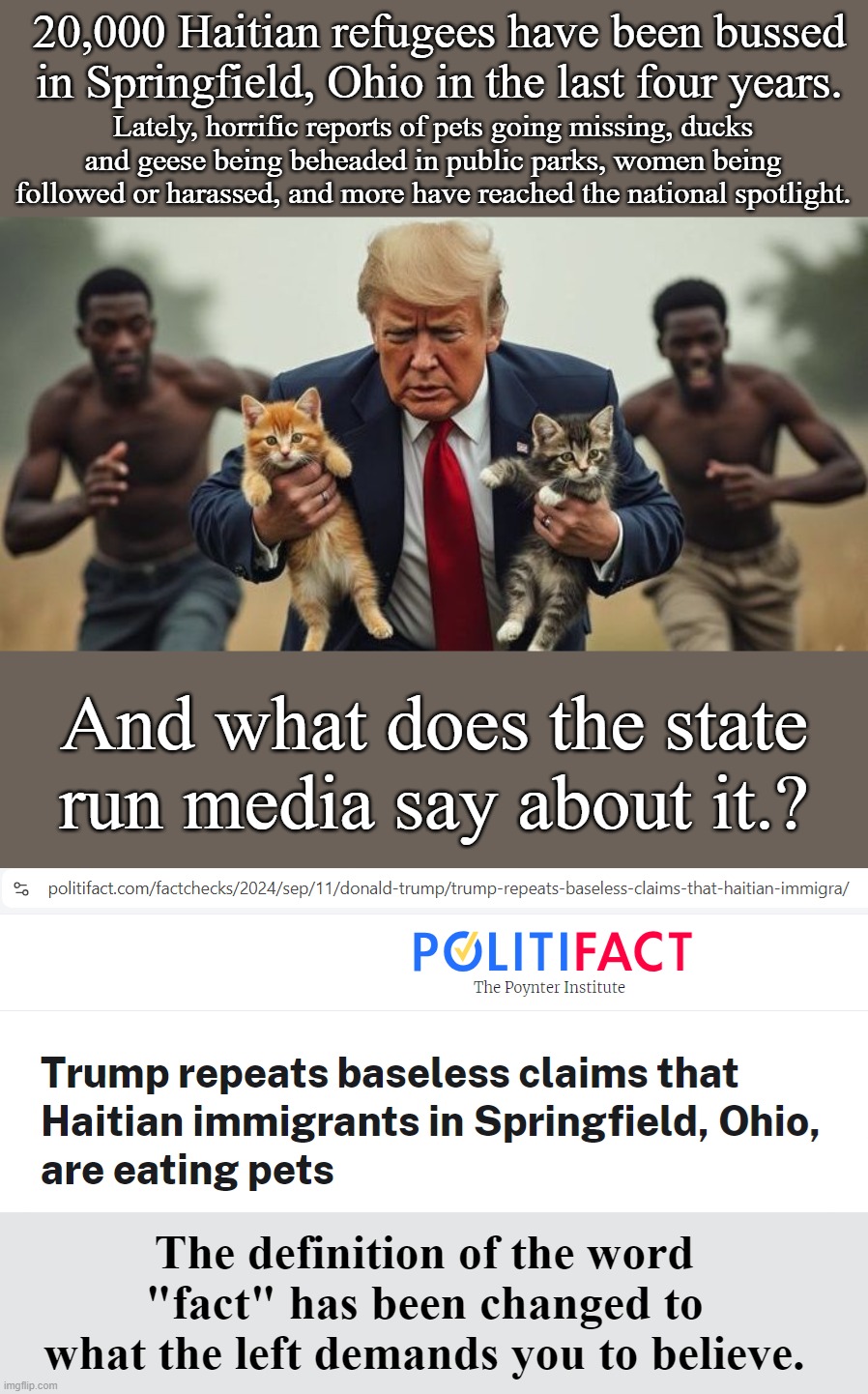 This is not the first time the "fact" checkers have lied.  They have been lying all along. | 20,000 Haitian refugees have been bussed in Springfield, Ohio in the last four years. Lately, horrific reports of pets going missing, ducks and geese being beheaded in public parks, women being followed or harassed, and more have reached the national spotlight. And what does the state run media say about it.? The definition of the word "fact" has been changed to what the left demands you to believe. | image tagged in your are supposed to believe the lie,they demand you believe the lie,the ministry of truth knows what is best | made w/ Imgflip meme maker