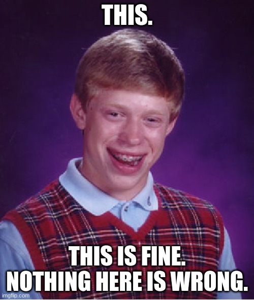 this is fine | THIS. THIS IS FINE. NOTHING HERE IS WRONG. | image tagged in memes,bad luck brian | made w/ Imgflip meme maker