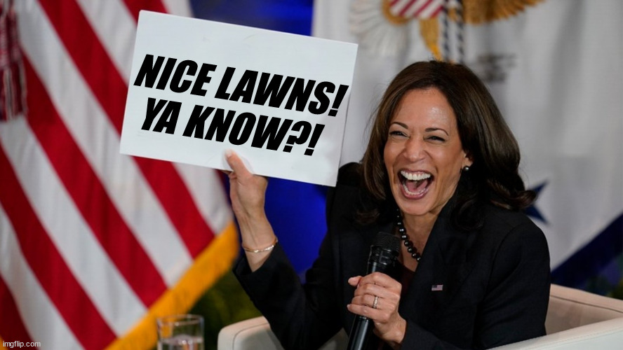 Kamala Harris holding sign | NICE LAWNS!
YA KNOW?! | image tagged in kamala harris holding sign | made w/ Imgflip meme maker