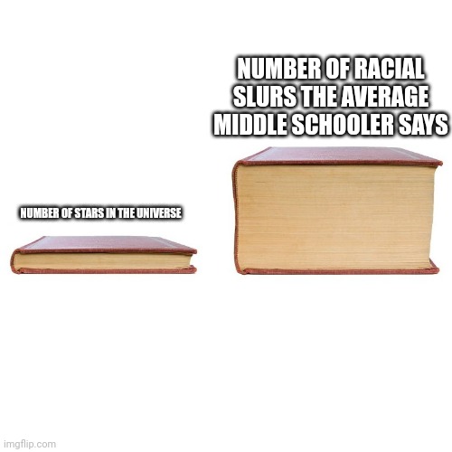 small big book | NUMBER OF RACIAL SLURS THE AVERAGE MIDDLE SCHOOLER SAYS; NUMBER OF STARS IN THE UNIVERSE | image tagged in small big book | made w/ Imgflip meme maker