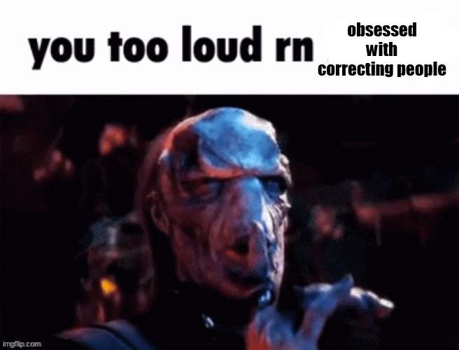 You too loud rn | obsessed with correcting people | image tagged in you too loud rn | made w/ Imgflip meme maker