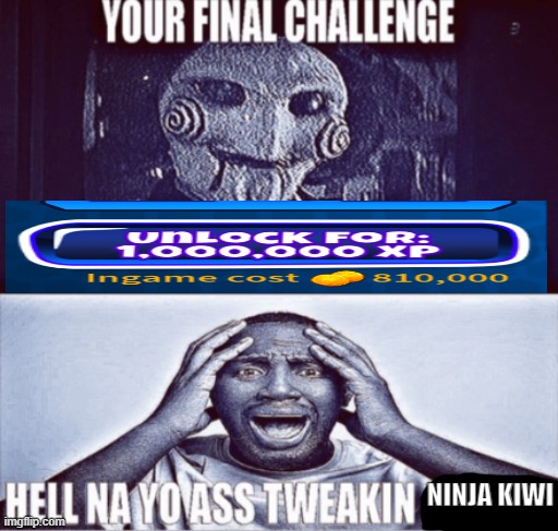 1,000,000 xp is gonna take like hours of grinding nonstop | NINJA KIWI | image tagged in your final challenge | made w/ Imgflip meme maker