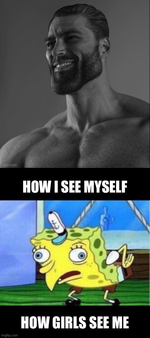 My life in a nutshell | HOW I SEE MYSELF; HOW GIRLS SEE ME | image tagged in sad but true,memes,giga chad,mocking spongebob | made w/ Imgflip meme maker