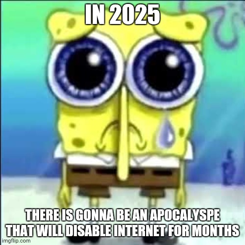 Sad Spongebob | IN 2025; THERE IS GONNA BE AN APOCALYSPE THAT WILL DISABLE INTERNET FOR MONTHS | image tagged in sad spongebob | made w/ Imgflip meme maker