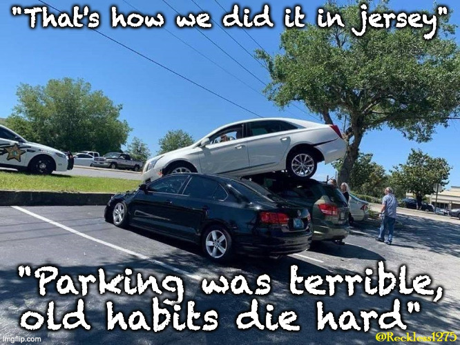 Snow Birds | "That's how we did it in jersey"; "Parking was terrible, old habits die hard" | image tagged in bad driver | made w/ Imgflip meme maker