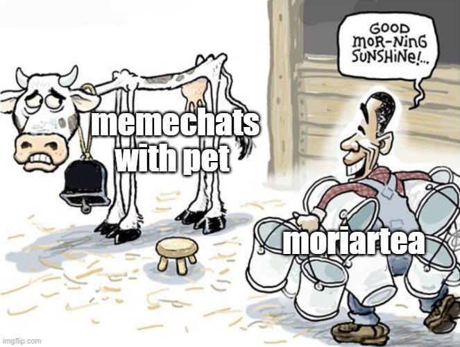 milking the cow | memechats with pet moriartea | image tagged in milking the cow | made w/ Imgflip meme maker