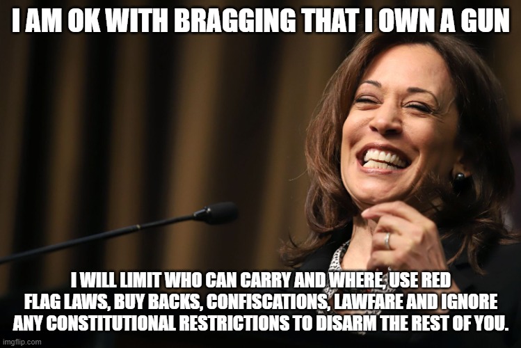 If she told the truth | I AM OK WITH BRAGGING THAT I OWN A GUN; I WILL LIMIT WHO CAN CARRY AND WHERE, USE RED FLAG LAWS, BUY BACKS, CONFISCATIONS, LAWFARE AND IGNORE ANY CONSTITUTIONAL RESTRICTIONS TO DISARM THE REST OF YOU. | image tagged in kamala harris laughing,democrat war on america,2nd amendment,if she told the truth,we know you,this we will defend | made w/ Imgflip meme maker