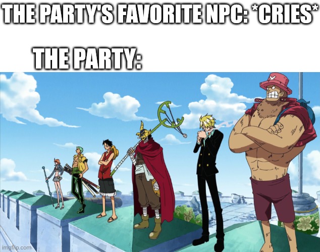 Ya done f*cked up!! | THE PARTY'S FAVORITE NPC: *CRIES*; THE PARTY: | image tagged in one piece,dungeons and dragons | made w/ Imgflip meme maker