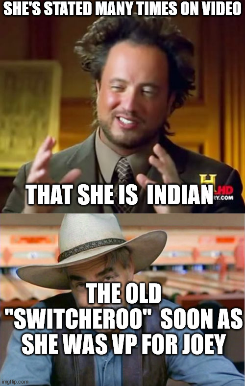 SHE'S STATED MANY TIMES ON VIDEO THAT SHE IS  INDIAN THE OLD "SWITCHEROO"  SOON AS SHE WAS VP FOR JOEY | image tagged in memes,ancient aliens | made w/ Imgflip meme maker