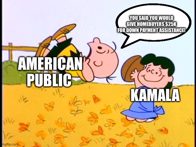 Falling for the leftist promises. Again. | YOU SAID YOU WOULD GIVE HOMEBUYERS $25K FOR DOWN PAYMENT ASSISTANCE! AMERICAN PUBLIC; KAMALA | image tagged in charlie brown football | made w/ Imgflip meme maker