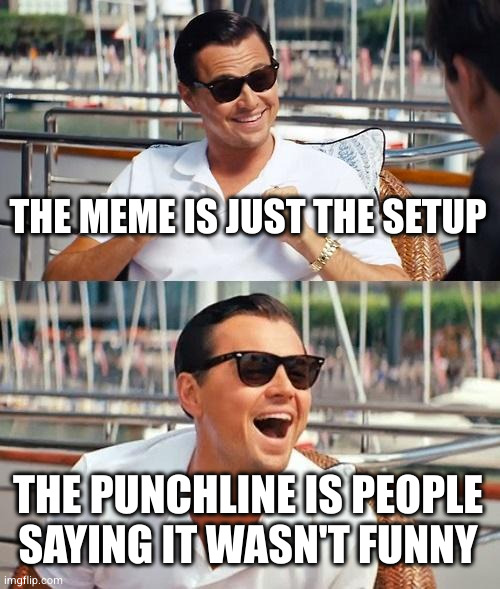 Leonardo Dicaprio Wolf Of Wall Street Meme | THE MEME IS JUST THE SETUP THE PUNCHLINE IS PEOPLE SAYING IT WASN'T FUNNY | image tagged in memes,leonardo dicaprio wolf of wall street | made w/ Imgflip meme maker