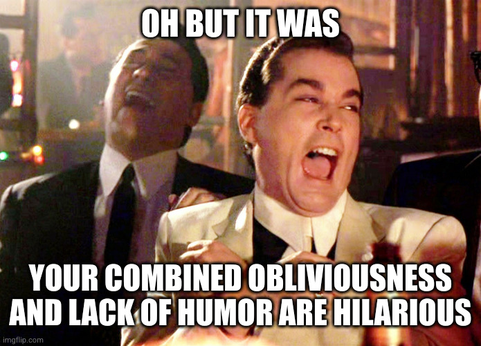 Good Fellas Hilarious | OH BUT IT WAS; YOUR COMBINED OBLIVIOUSNESS AND LACK OF HUMOR ARE HILARIOUS | image tagged in memes,good fellas hilarious | made w/ Imgflip meme maker