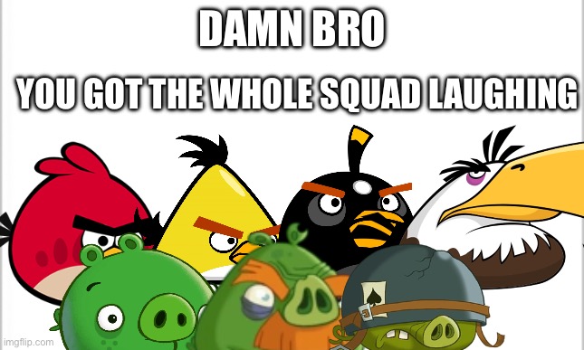 agribirs | DAMN BRO; YOU GOT THE WHOLE SQUAD LAUGHING | image tagged in white background | made w/ Imgflip meme maker