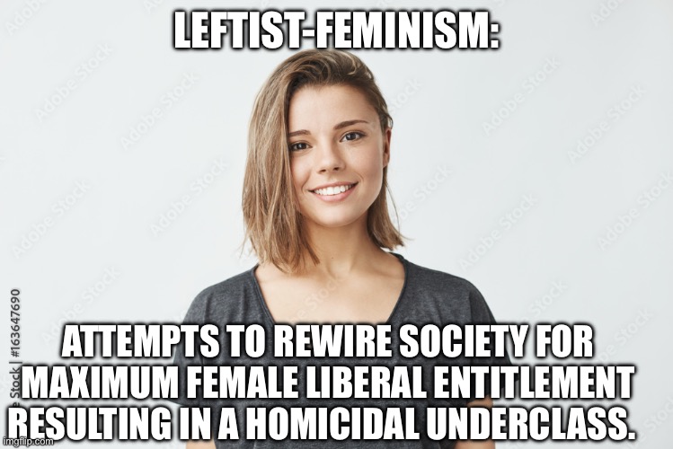 LEFTIST-FEMINISM:; ATTEMPTS TO REWIRE SOCIETY FOR MAXIMUM FEMALE LIBERAL ENTITLEMENT RESULTING IN A HOMICIDAL UNDERCLASS. | made w/ Imgflip meme maker