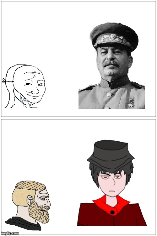 L Stalin, W Mepios | image tagged in memes,blank comic panel 1x2 | made w/ Imgflip meme maker