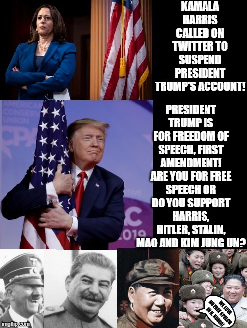 Do you support Harris, Hitler, Stalin, Mao and Kim Jung Un? or free speech? | PRESIDENT TRUMP IS FOR FREEDOM OF SPEECH, FIRST AMENDMENT! ARE YOU FOR FREE SPEECH OR DO YOU SUPPORT HARRIS, HITLER, STALIN, MAO AND KIM JUNG UN? WE LOVE NO FREE SPEECH IN N. KOREA! | image tagged in freedom of speech,freedom of the press,dictator,stalin smile,happy kim jong un,kamala harris | made w/ Imgflip meme maker