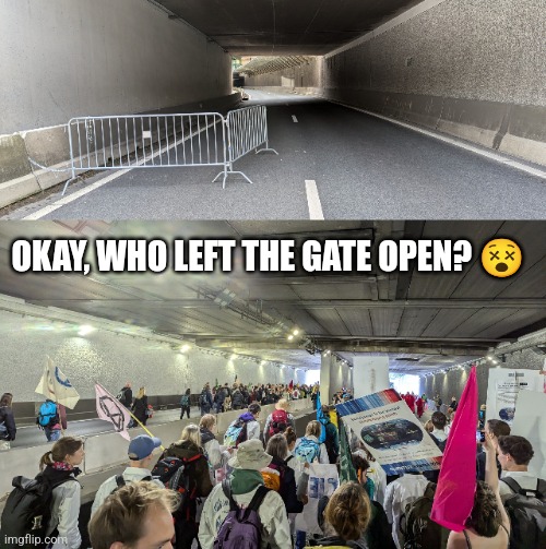 A12 highway | OKAY, WHO LEFT THE GATE OPEN? 😵 | image tagged in climate change,protest | made w/ Imgflip meme maker