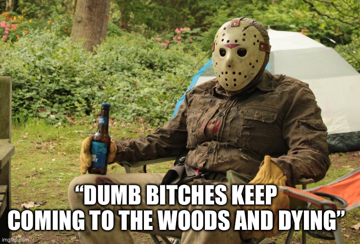 Jason Vorhees | “DUMB BITCHES KEEP COMING TO THE WOODS AND DYING” | image tagged in jason vorhees,horror,halloween | made w/ Imgflip meme maker