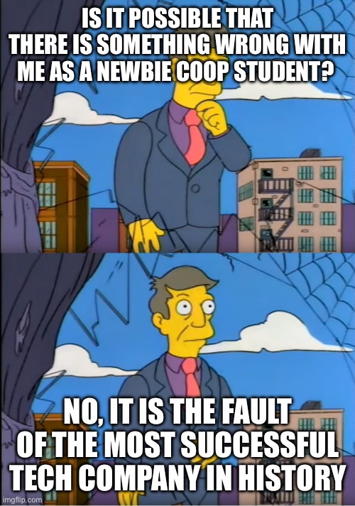 Skinner Out Of Touch | IS IT POSSIBLE THAT THERE IS SOMETHING WRONG WITH ME AS A NEWBIE COOP STUDENT? NO, IT IS THE FAULT OF THE MOST SUCCESSFUL TECH COMPANY IN HISTORY | image tagged in skinner out of touch | made w/ Imgflip meme maker