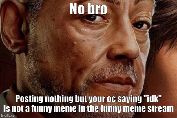 No bro; Posting nothing but your oc saying "idk" is not a funny meme in the funny meme stream | made w/ Imgflip meme maker