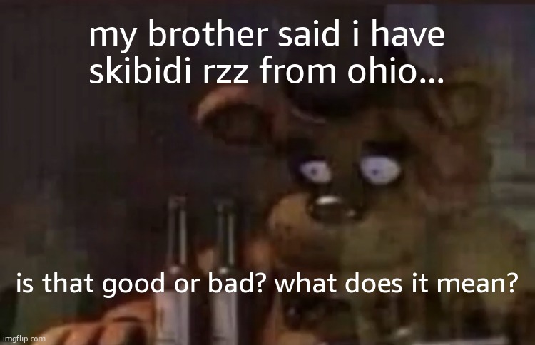 i need answers, not sleep. | my brother said i have skibidi rzz from ohio... is that good or bad? what does it mean? | image tagged in freddy ptsd | made w/ Imgflip meme maker