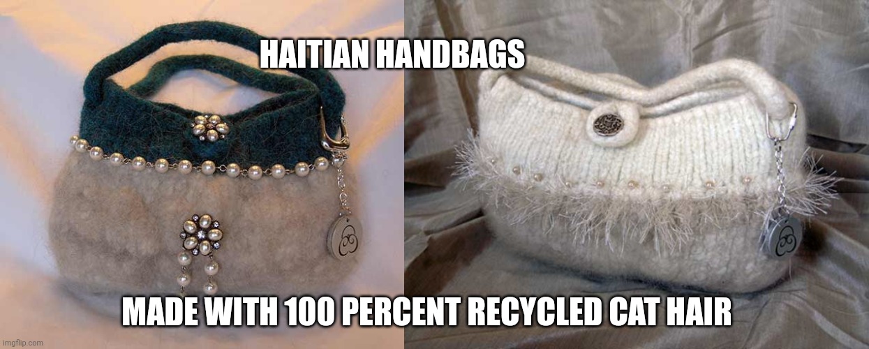 haitian memes | HAITIAN HANDBAGS; MADE WITH 100 PERCENT RECYCLED CAT HAIR | image tagged in cats | made w/ Imgflip meme maker