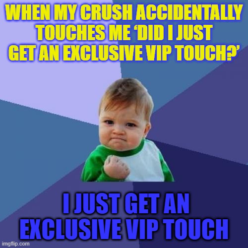 Success Kid Meme | WHEN MY CRUSH ACCIDENTALLY TOUCHES ME ‘DID I JUST GET AN EXCLUSIVE VIP TOUCH?’; I JUST GET AN EXCLUSIVE VIP TOUCH | image tagged in memes,success kid | made w/ Imgflip meme maker
