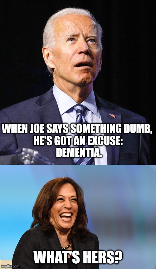 Does she buy booze in plastic jugs? Because more? | WHEN JOE SAYS SOMETHING DUMB, 
HE'S GOT AN EXCUSE:
 DEMENTIA. WHAT'S HERS? | image tagged in joe biden,kamala harris laughing | made w/ Imgflip meme maker