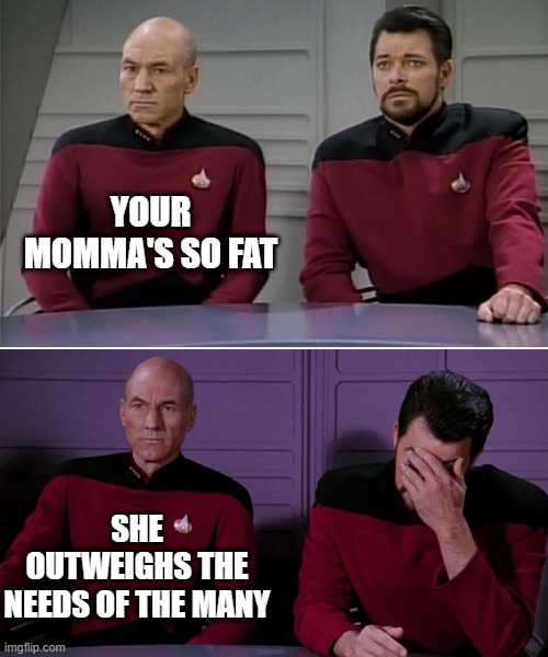 Picard Pun | YOUR MOMMA'S SO FAT; SHE OUTWEIGHS THE NEEDS OF THE MANY | image tagged in picard riker listening to a pun | made w/ Imgflip meme maker