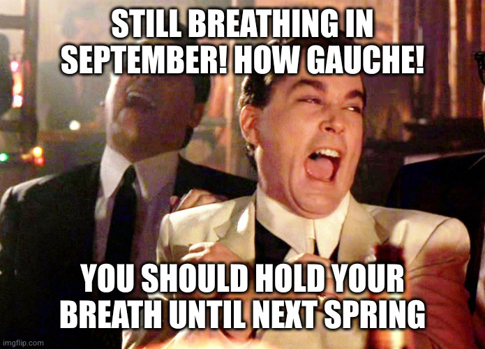 Good Fellas Hilarious | STILL BREATHING IN SEPTEMBER! HOW GAUCHE! YOU SHOULD HOLD YOUR BREATH UNTIL NEXT SPRING | image tagged in memes,good fellas hilarious | made w/ Imgflip meme maker