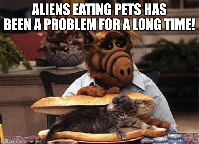 Alf | ALIENS EATING PETS HAS BEEN A PROBLEM FOR A LONG TIME! | image tagged in alf | made w/ Imgflip meme maker