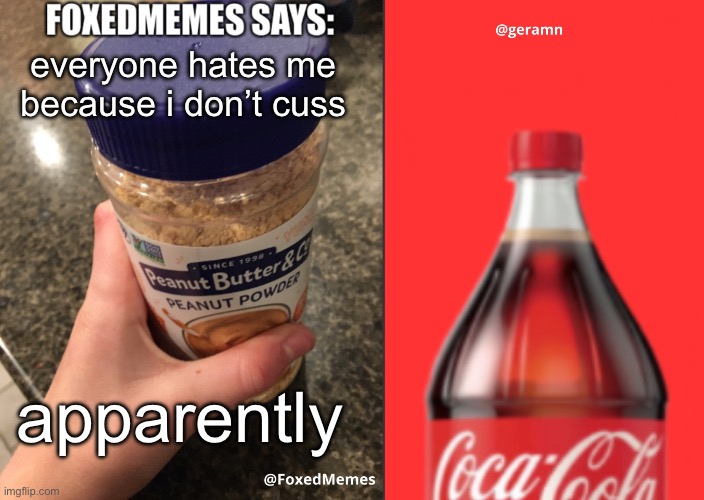 FoxedMemes and geramn template | everyone hates me because i don’t cuss; apparently | image tagged in foxedmemes and geramn template | made w/ Imgflip meme maker