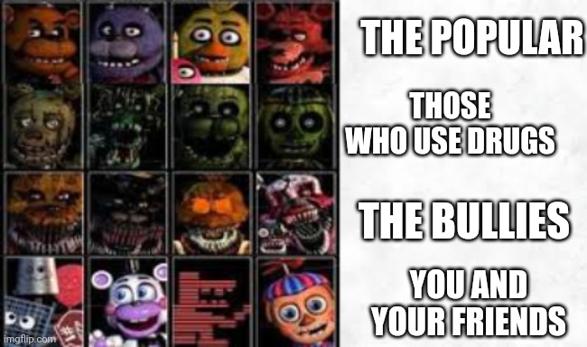 THE POPULAR; THOSE WHO USE DRUGS; THE BULLIES; YOU AND YOUR FRIENDS | made w/ Imgflip meme maker