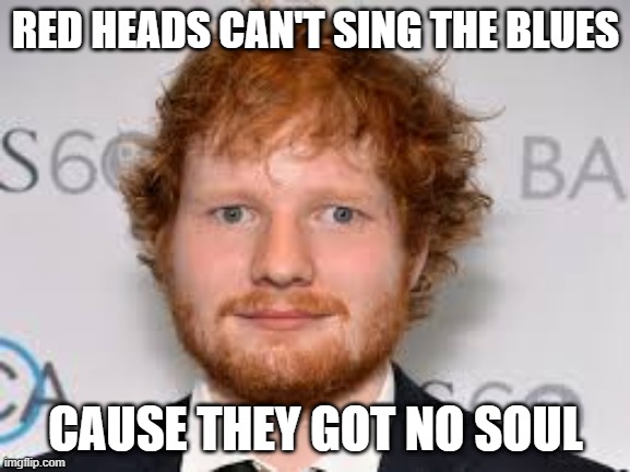 No Soul | RED HEADS CAN'T SING THE BLUES; CAUSE THEY GOT NO SOUL | image tagged in derpy ed sheeran | made w/ Imgflip meme maker