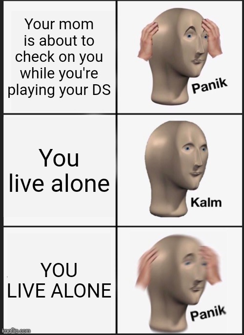 Panik Kalm Panik Meme | Your mom is about to check on you while you're playing your DS; You live alone; YOU LIVE ALONE | image tagged in memes,panik kalm panik | made w/ Imgflip meme maker