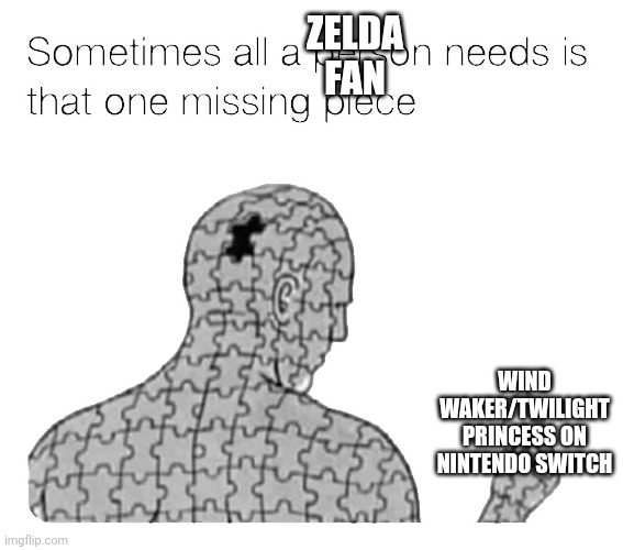 That One Missing Piece | ZELDA FAN; WIND WAKER/TWILIGHT PRINCESS ON NINTENDO SWITCH | image tagged in that one missing piece | made w/ Imgflip meme maker