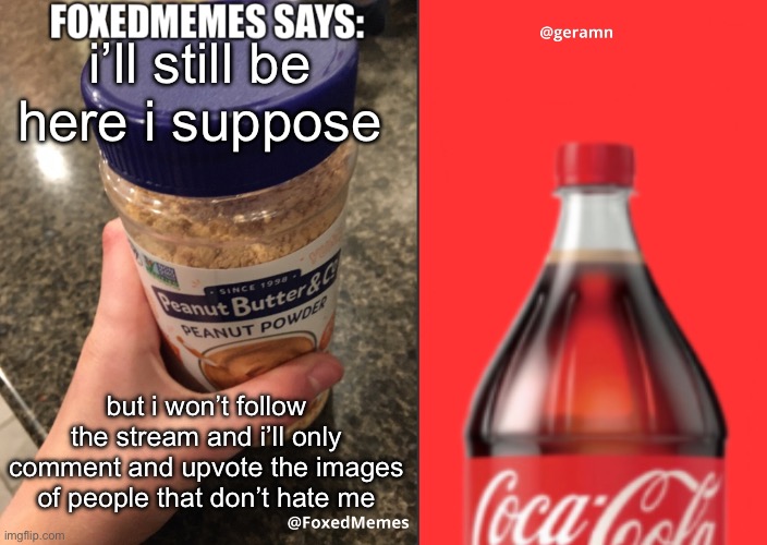 FoxedMemes and geramn template | i’ll still be here i suppose; but i won’t follow the stream and i’ll only comment and upvote the images of people that don’t hate me | image tagged in foxedmemes and geramn template | made w/ Imgflip meme maker