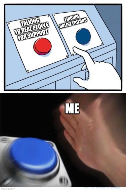 two buttons 1 blue | FINDING ONLINE FRIENDS; TALKING TO REAL PEOPLE FOR SUPPORT; ME | image tagged in two buttons 1 blue | made w/ Imgflip meme maker