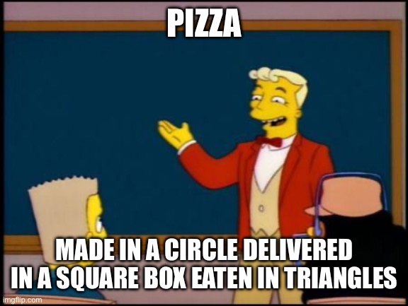 Simpsons Monorail Chalkboard | PIZZA; MADE IN A CIRCLE DELIVERED IN A SQUARE BOX EATEN IN TRIANGLES | image tagged in simpsons monorail chalkboard | made w/ Imgflip meme maker