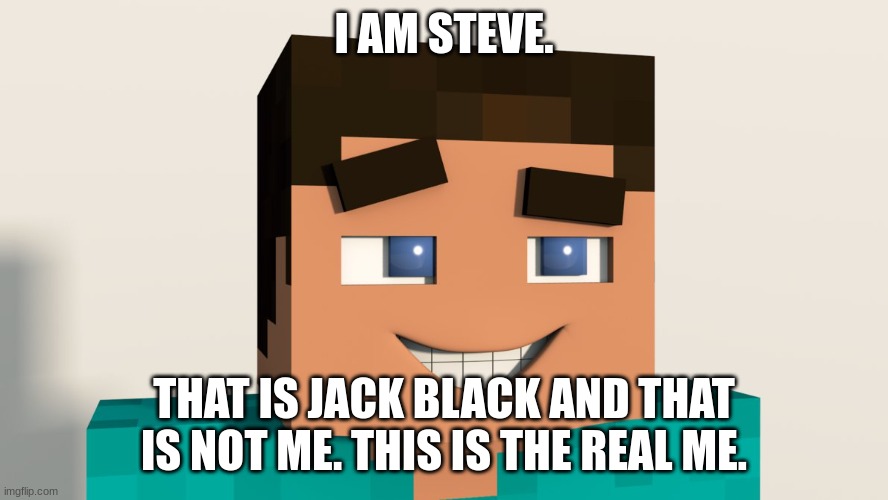 Steve (Minecraft) | I AM STEVE. THAT IS JACK BLACK AND THAT IS NOT ME. THIS IS THE REAL ME. | image tagged in steve minecraft | made w/ Imgflip meme maker