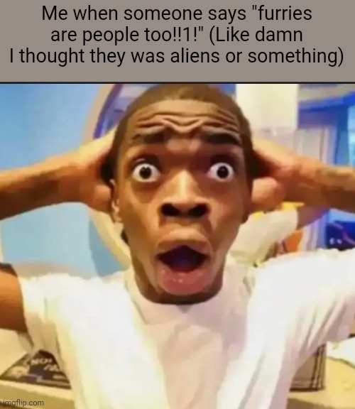 Legit didn't know they were humans | Me when someone says "furries are people too!!1!" (Like damn I thought they was aliens or something) | image tagged in surprised black guy | made w/ Imgflip meme maker