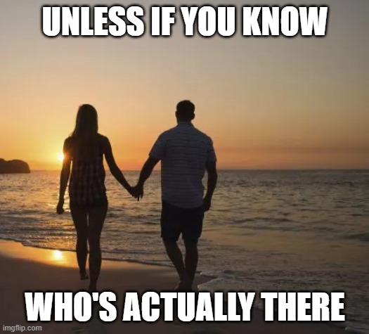 Walking on the beach | UNLESS IF YOU KNOW WHO'S ACTUALLY THERE | image tagged in walking on the beach | made w/ Imgflip meme maker