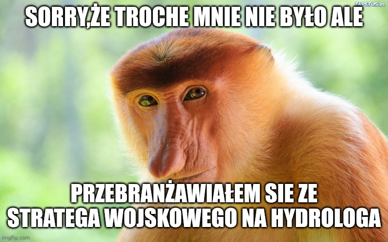 Janusz Monkey | SORRY,ŻE TROCHE MNIE NIE BYŁO ALE; PRZEBRANŻAWIAŁEM SIE ZE STRATEGA WOJSKOWEGO NA HYDROLOGA | image tagged in janusz monkey | made w/ Imgflip meme maker