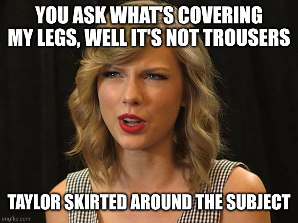 Taylor Swiftie | YOU ASK WHAT'S COVERING MY LEGS, WELL IT'S NOT TROUSERS TAYLOR SKIRTED AROUND THE SUBJECT | image tagged in taylor swiftie | made w/ Imgflip meme maker