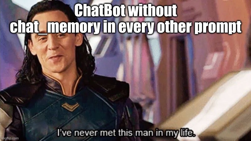 Programmers humour | ChatBot without chat_memory in every other prompt | image tagged in i have never met this man in my life | made w/ Imgflip meme maker